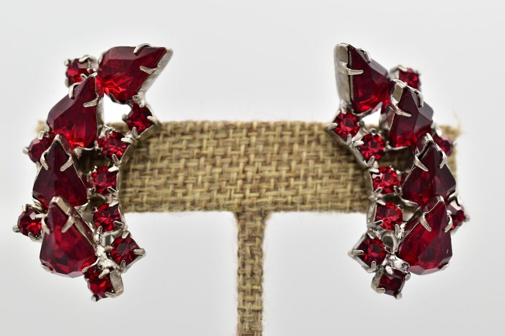 Vintage Crystal Clip On Earrings Red Rhinestone Prong Marquise Silver Tone BinBB
